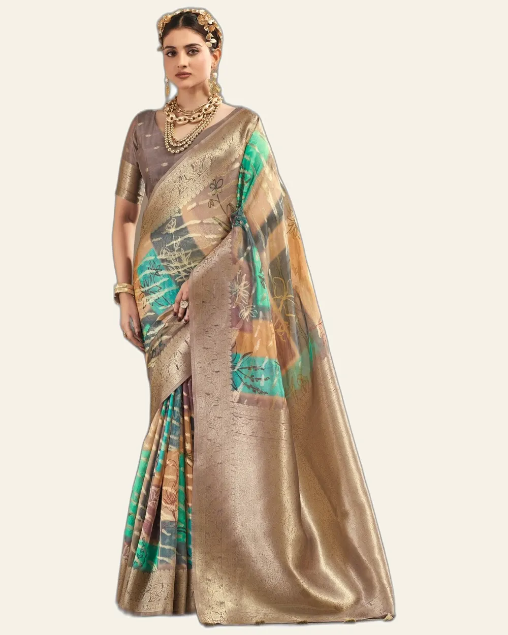 Saanjh Polyster Blend Artistic Floral Prints Sarees