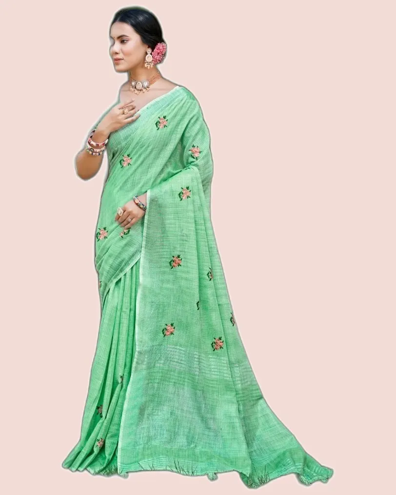 Feeling Linen Cotton Embroidery Work Sarees