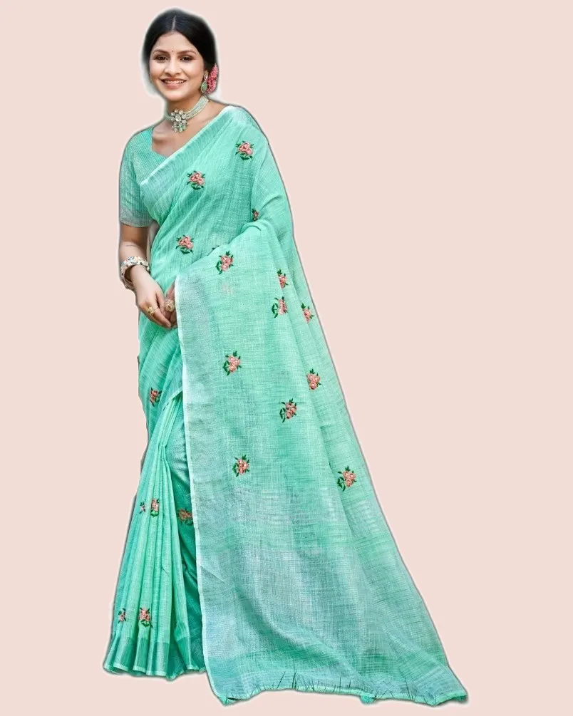 Feeling Linen Cotton Embroidery Work Sarees