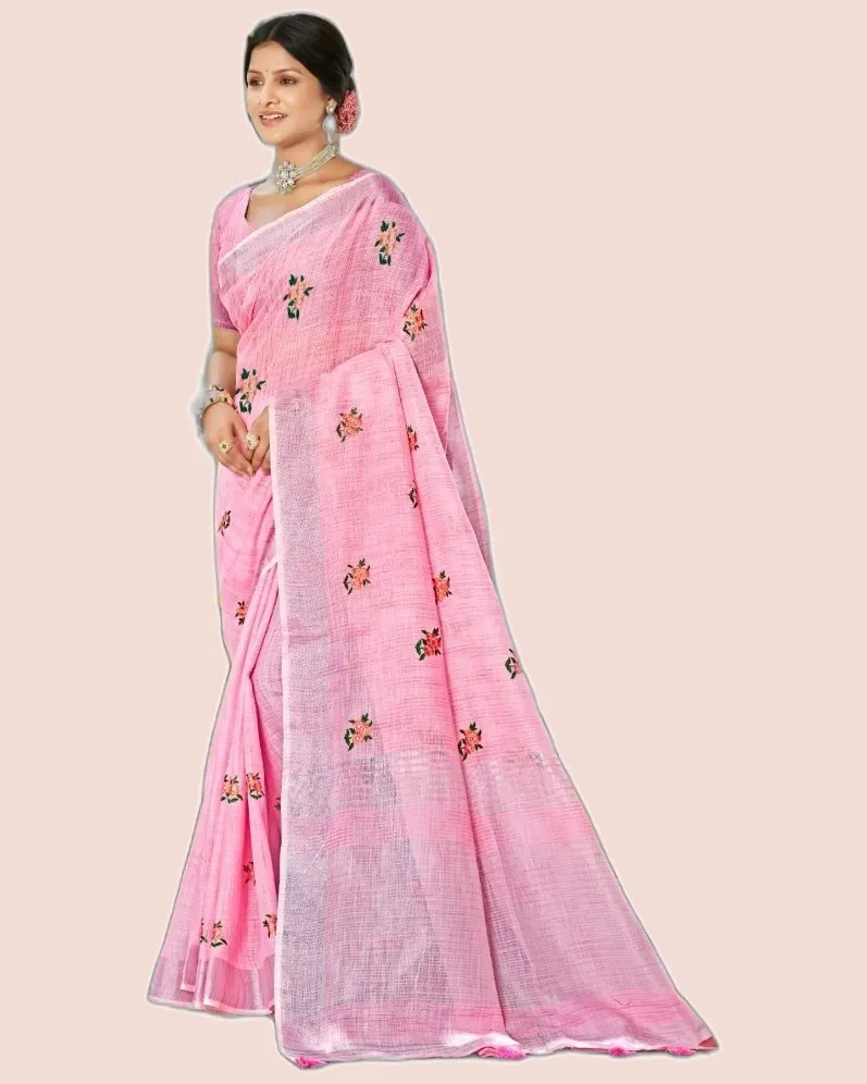 Feeling Linen Cotton Embroidery Work Sarees