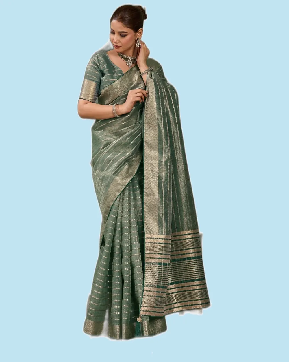 Aura Bloom Stripes Zari Woven Broad Patta Chit Pallu Sarees