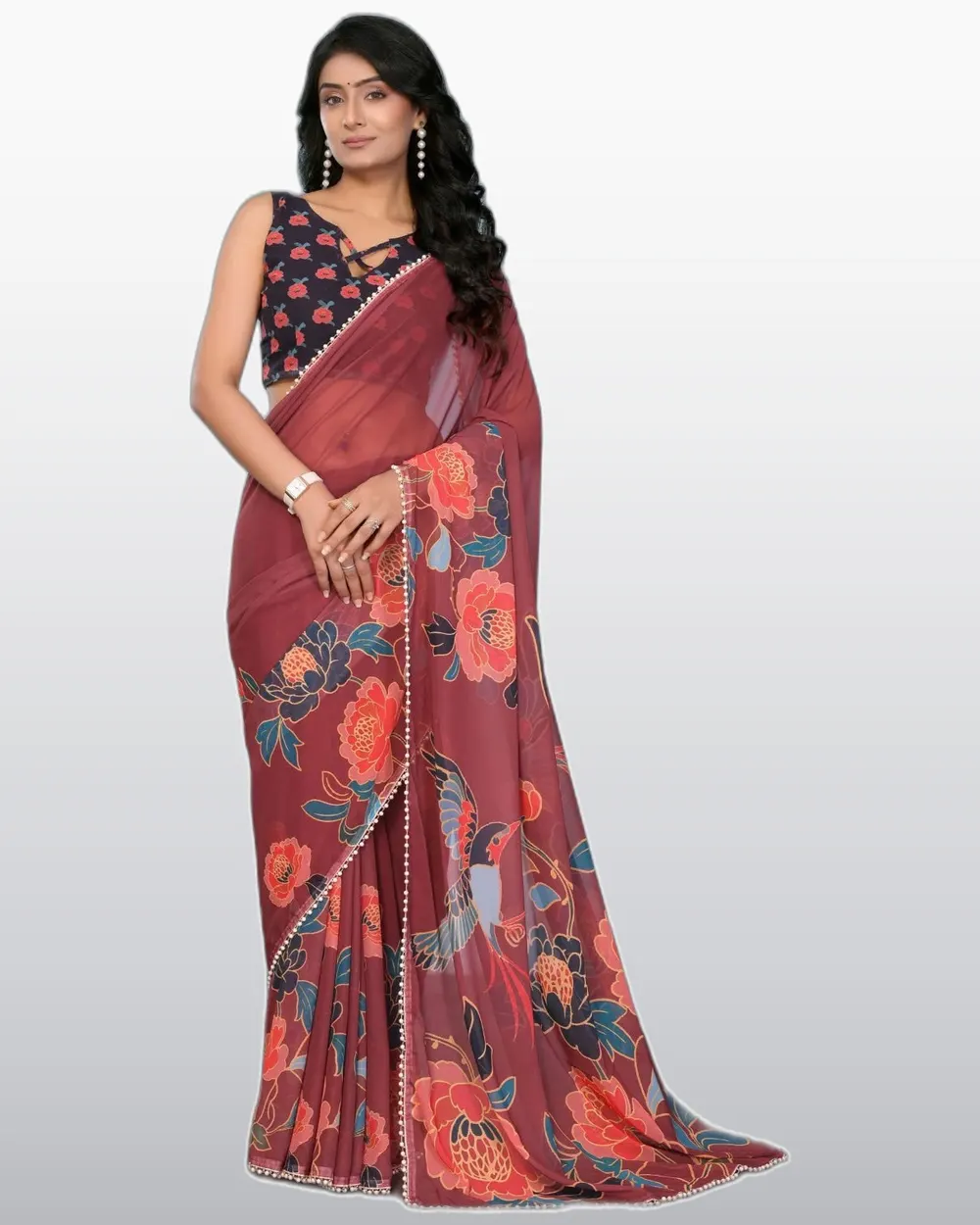 Look Rich  Georgette Silk Flowers Printed Moti Lace Border Sarees
