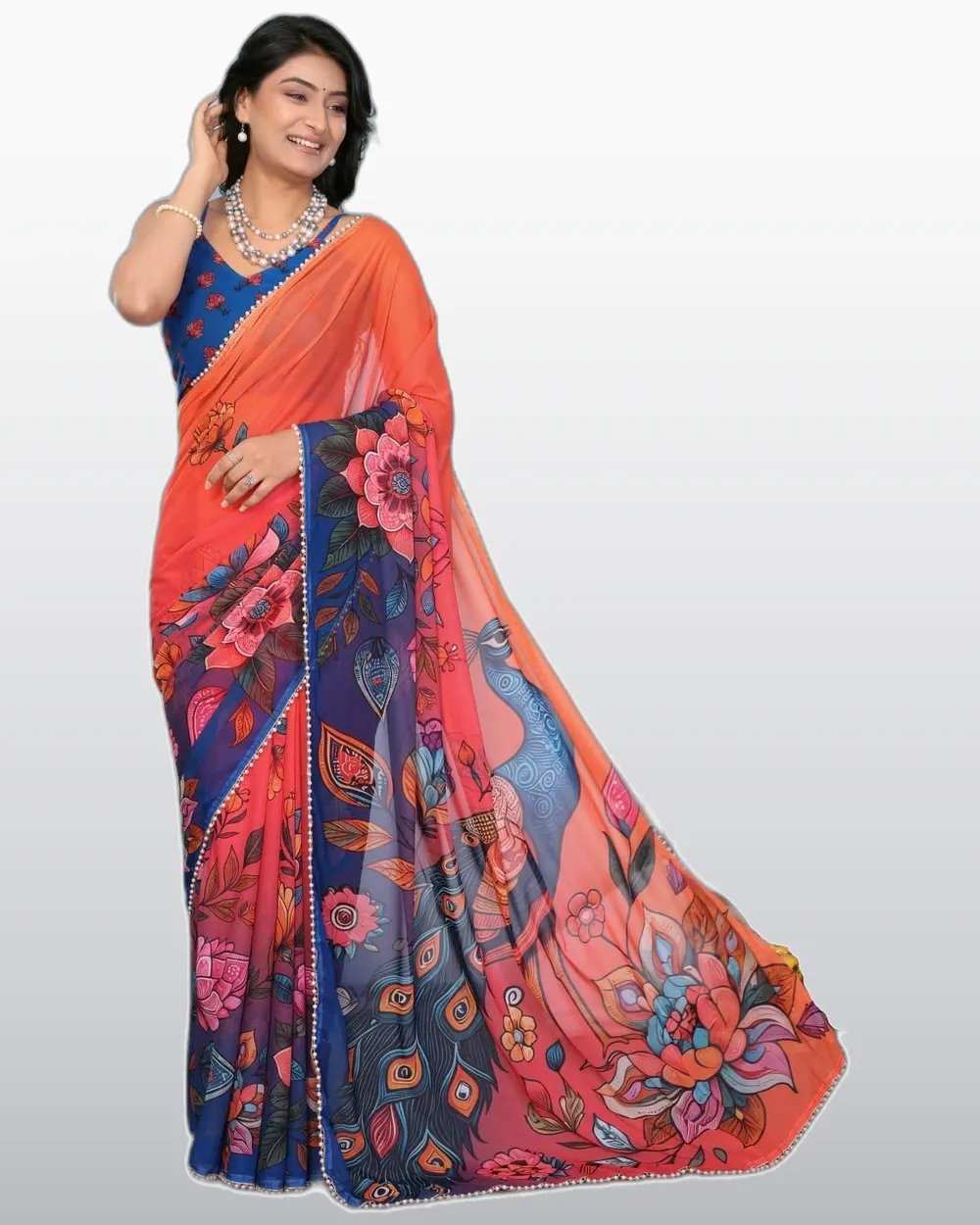 Look Rich  Georgette Silk Flowers Printed Moti Lace Border Sarees