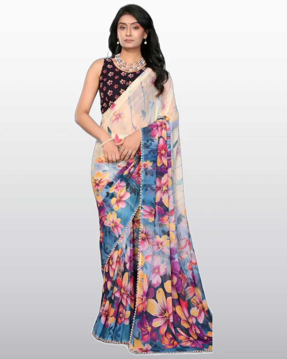 Look Rich  Georgette Silk Flowers Printed Moti Lace Border Sarees