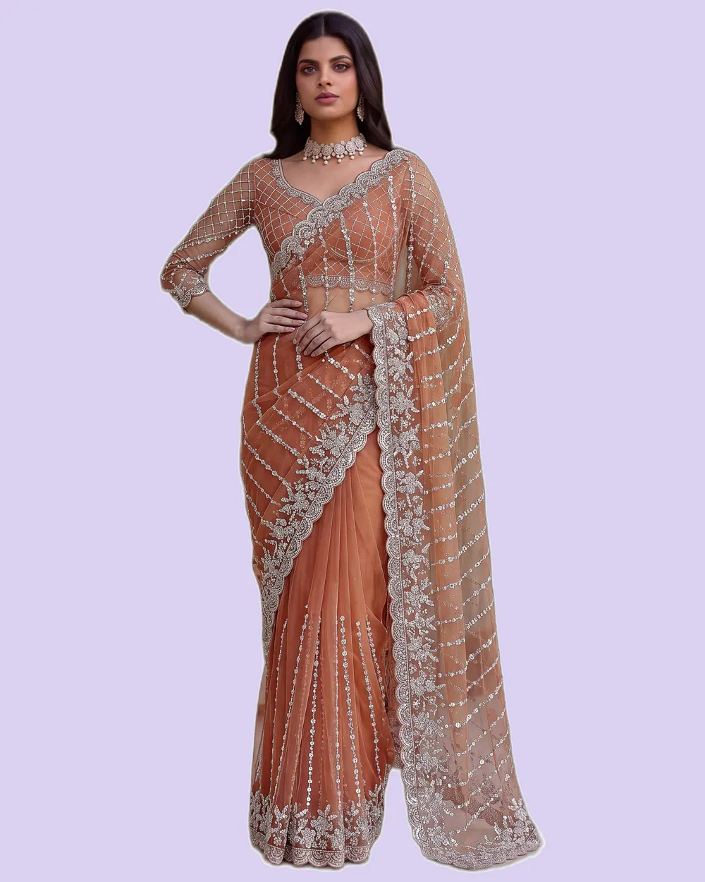 Regal Charm Handwork Embroidered Net Sarees
