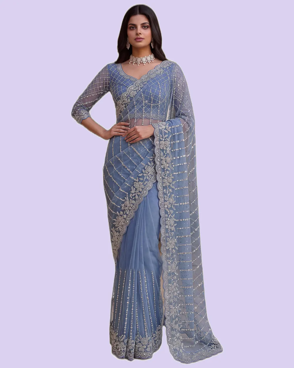 Regal Charm Handwork Embroidered Net Sarees