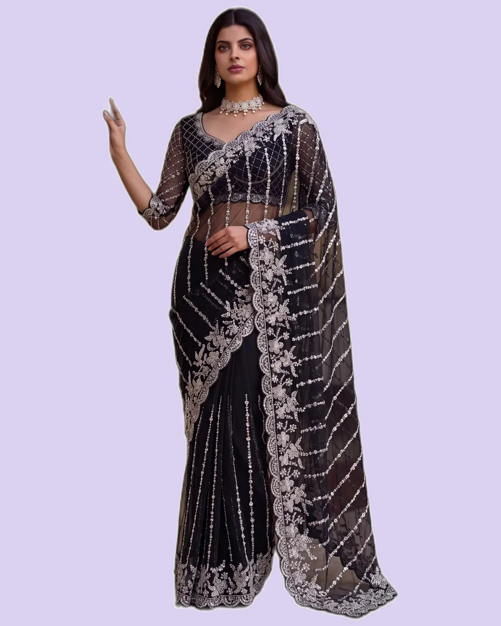 Regal Charm Handwork Embroidered Net Sarees