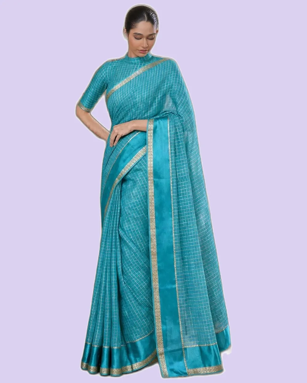 Elegant Gold Zari Border Check Classical Saree