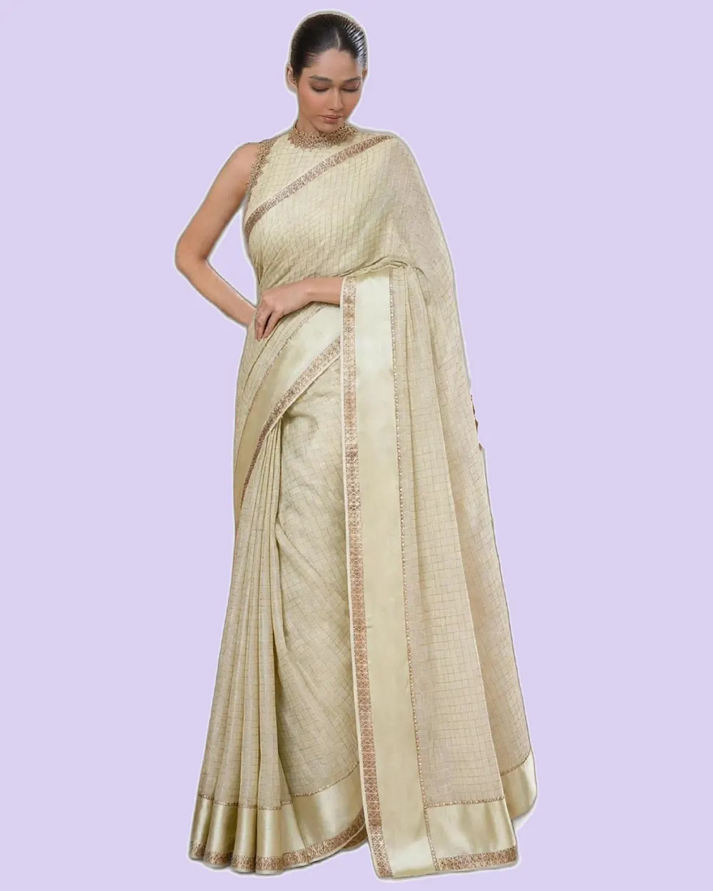 Elegant Gold Zari Border Check Classical Saree