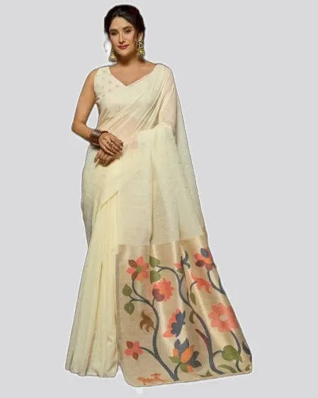 Sukanya Linen Sequience Jacquard Pallu Pom-Pom Sarees