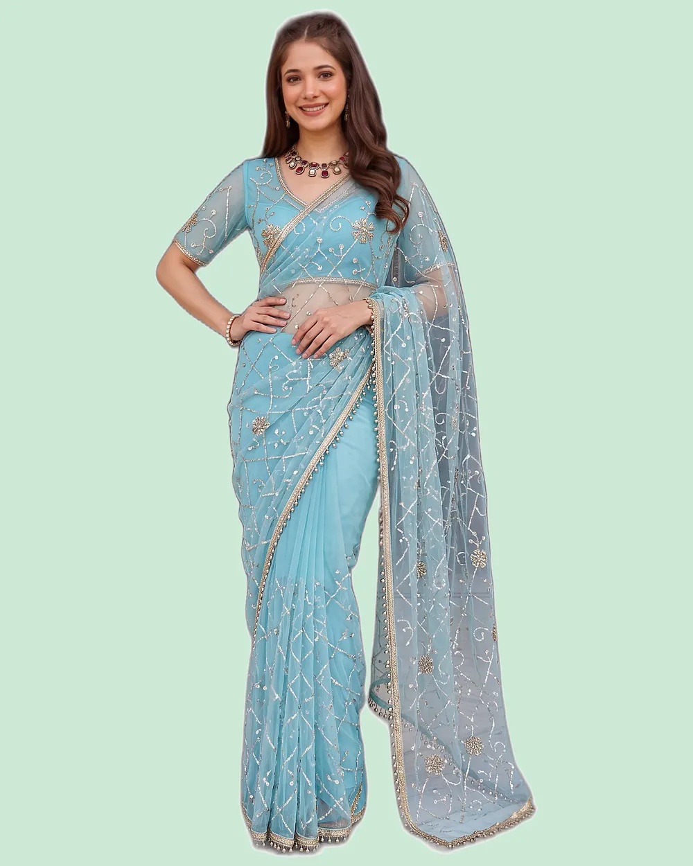 Designer Net Heavy Embroidery Work Sarees Saree