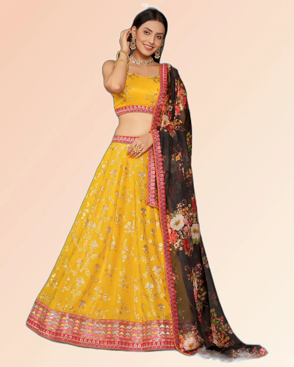 Stylish Tassels Floral Print Georgette & Organza Lehenga