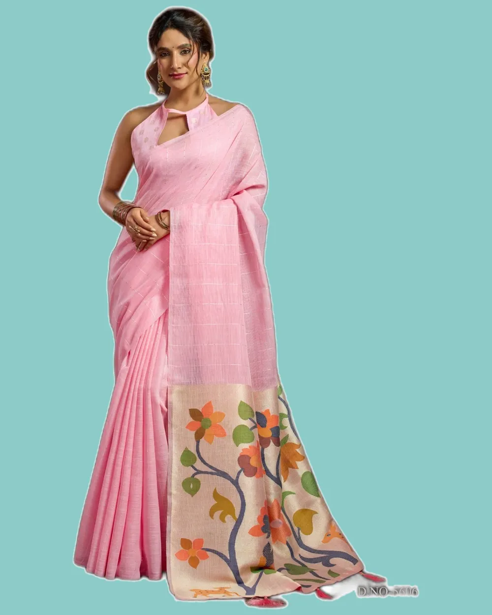 Ethnic Linen Jacquard Pallu Stylish Pom-Pom Sarees