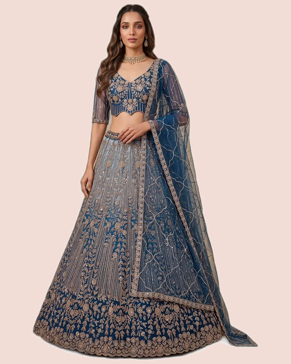 Premium Net Beads Work Zari Embroidered Lehengas