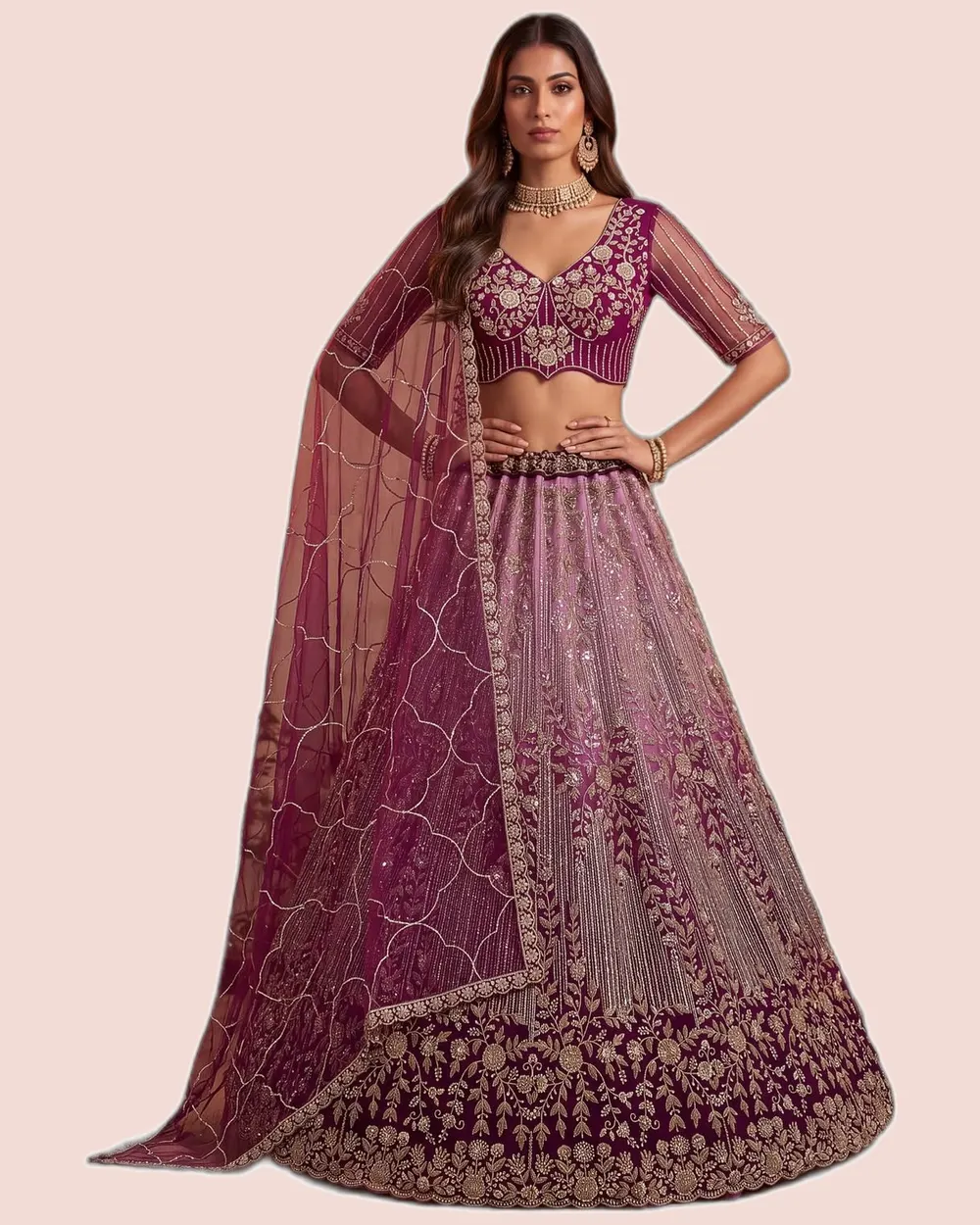 Premium Net Beads Work Zari Embroidered Lehengas