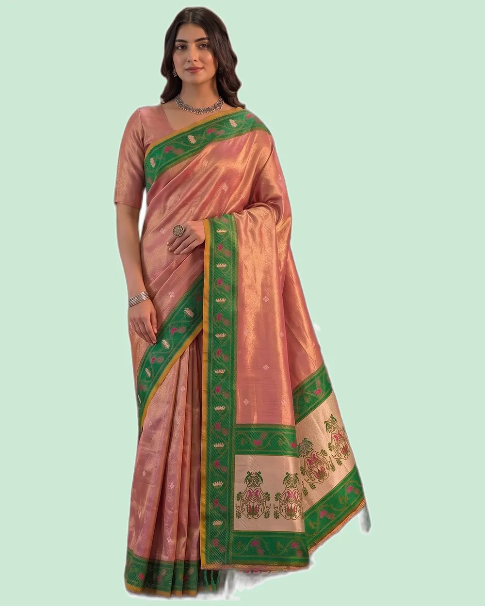 Elegant Tissue Silk Pallu Contrast Border Weaving Sarees