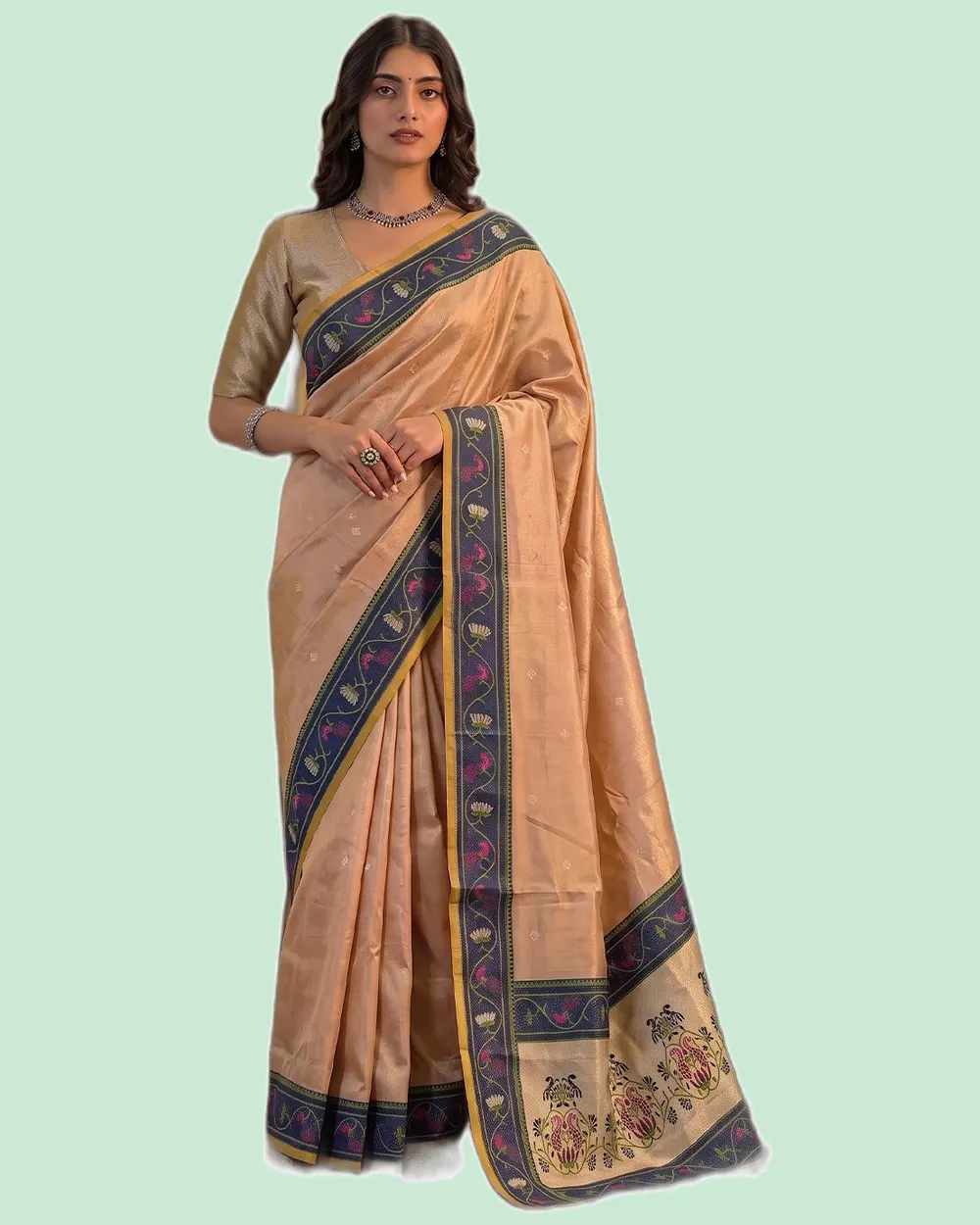 Elegant Tissue Silk Pallu Contrast Border Weaving Sarees