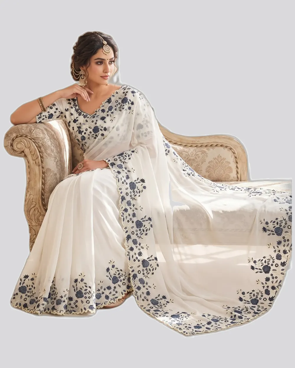 Vani Georgette Butta Embroidery Scalloped Border Saree