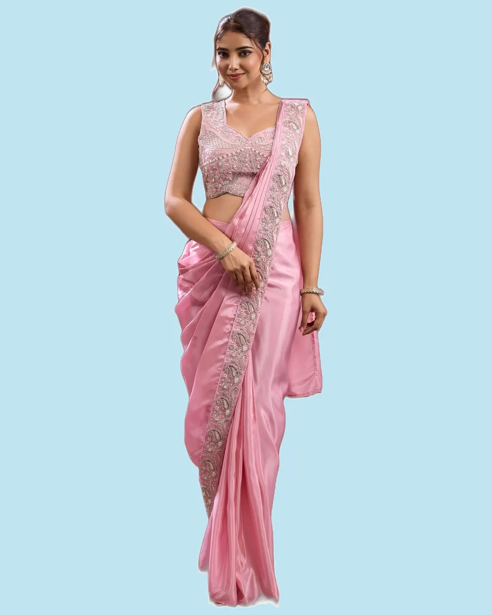 Partywear Chinnon Beads Embroidery Work  Elegant Sarees