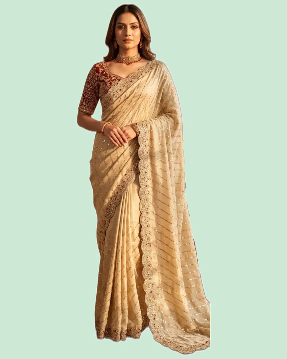 Soft Space Silk Bead Sequins Zari Embroidery Work Sarees