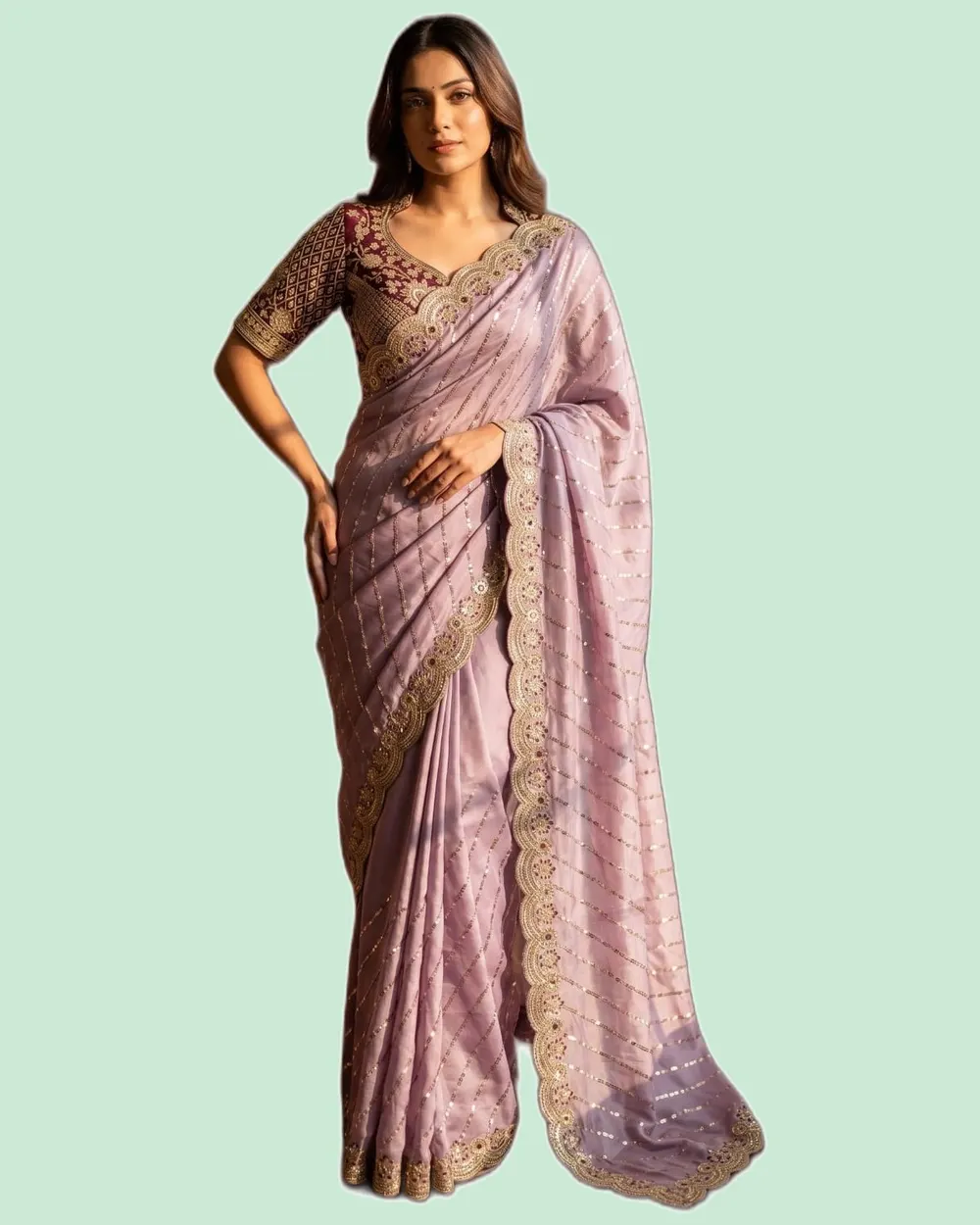 Soft Space Silk Bead Sequins Zari Embroidery Work Sarees