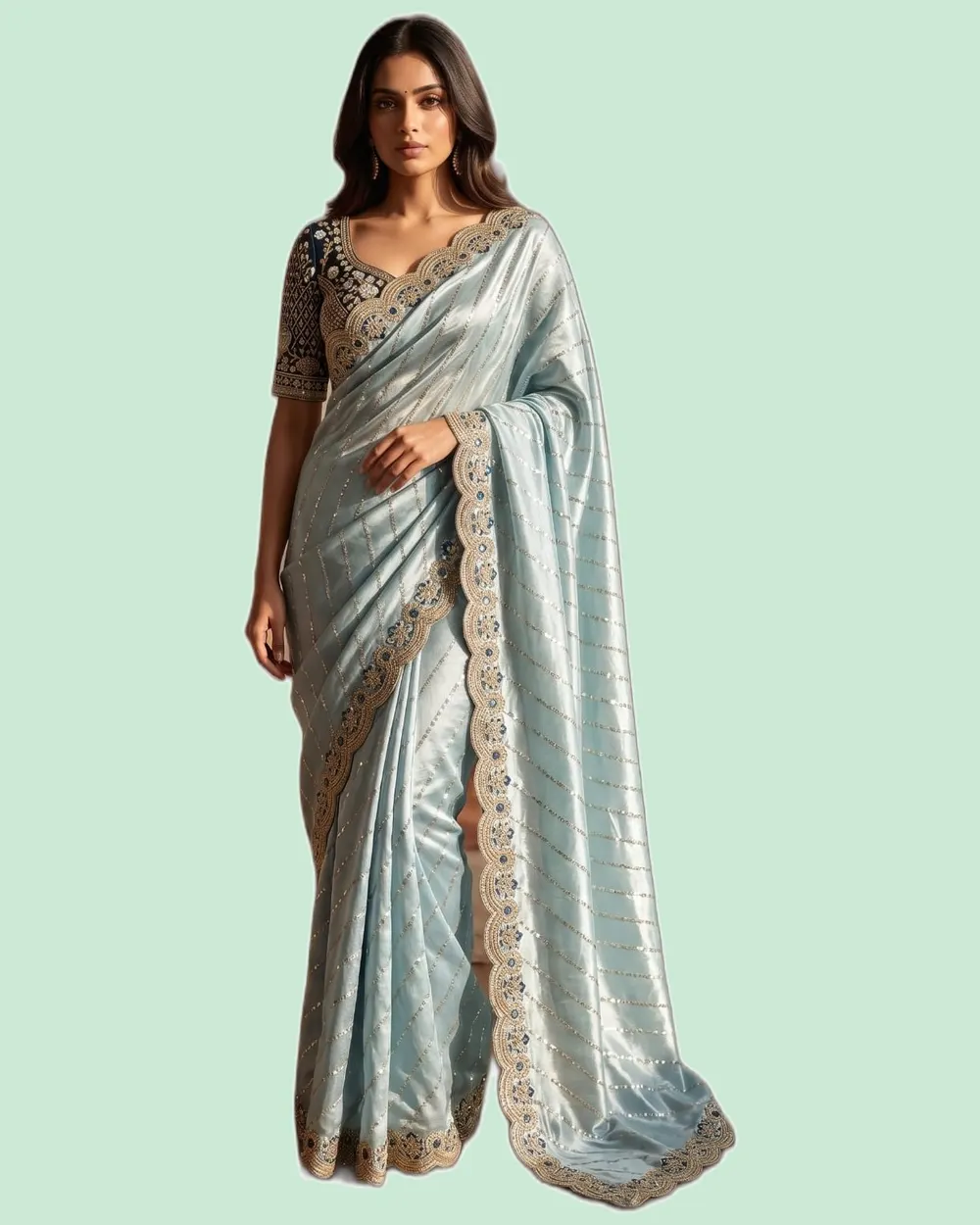 Soft Space Silk Bead Sequins Zari Embroidery Work Sarees
