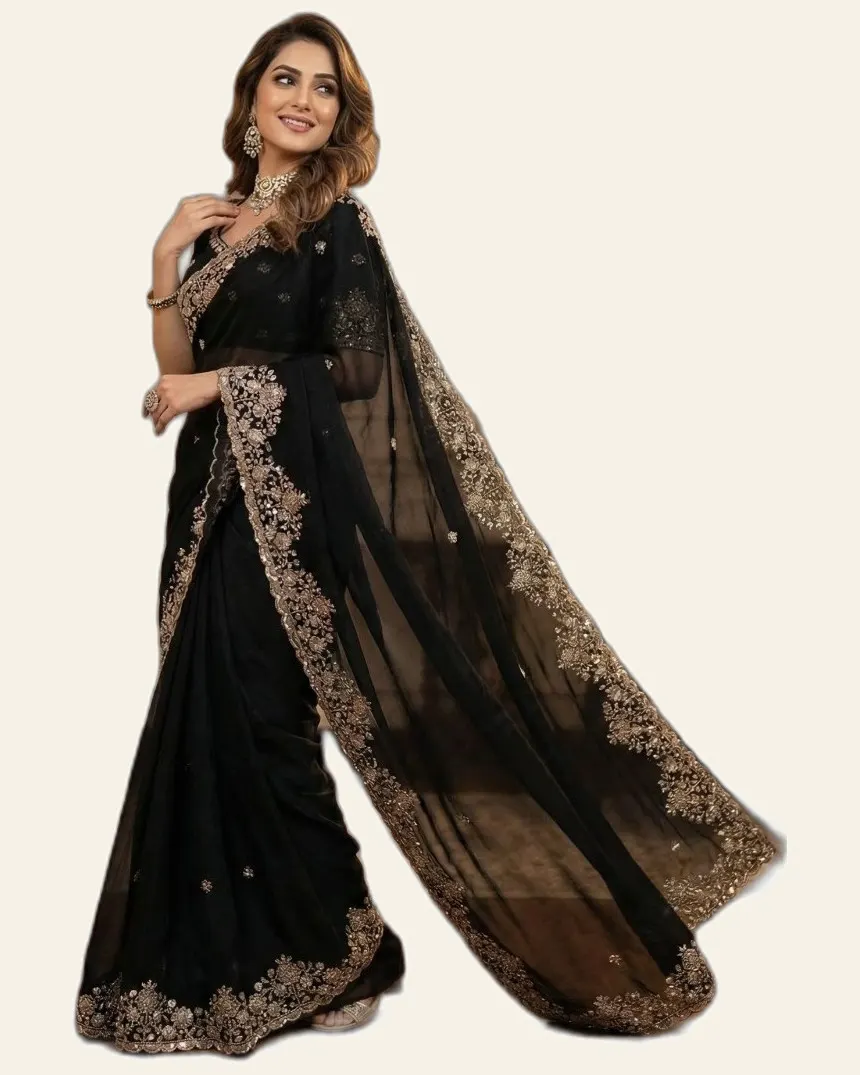 Rich Look Pure Space Silk Gold Beads Work Sarees