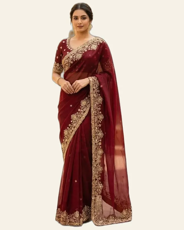 Rich Look Pure Space Silk Gold Beads Work Sarees