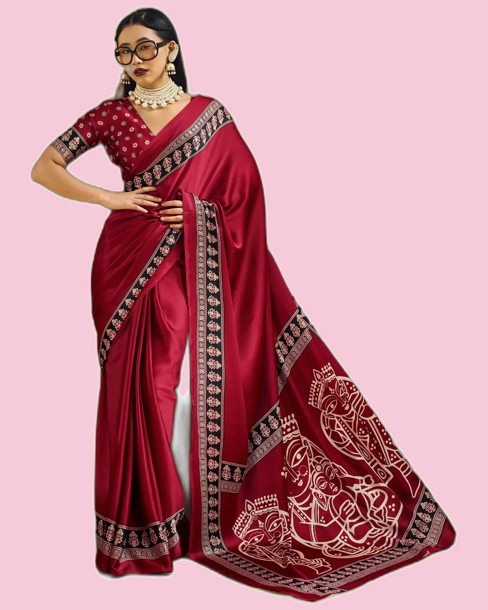 Pristine Modal Satin Carnival Ajrakh Print Sarees