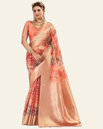 Saanjh Polyster Blend Artistic Floral Prints Sarees