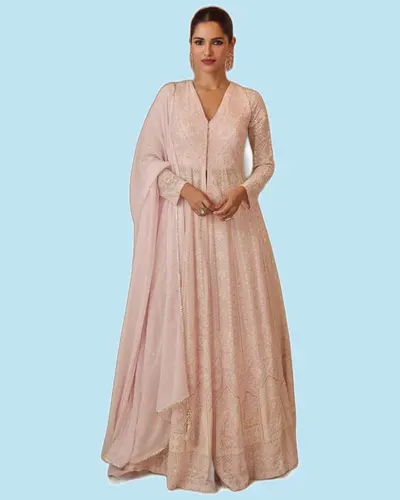 Premium Real Gerogette Luckhnavi Chikankari Long Gowns
