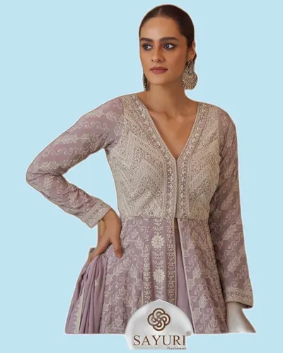 Premium Real Gerogette Luckhnavi Chikankari Long Gowns — image 2