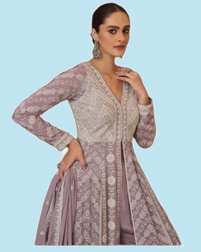 Premium Real Gerogette Luckhnavi Chikankari Long Gowns — image 5