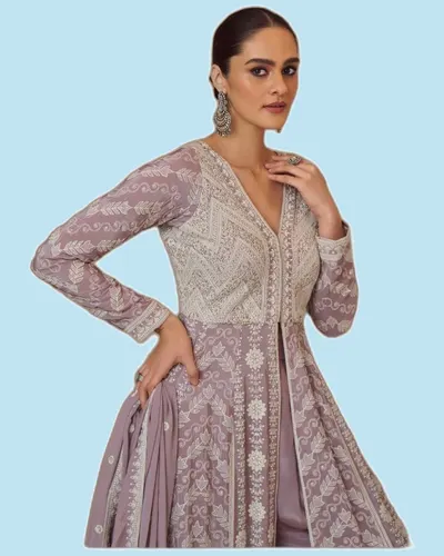 Premium Real Gerogette Luckhnavi Chikankari Long Gowns — image 6