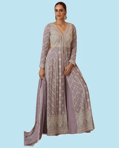 Premium Real Gerogette Luckhnavi Chikankari Long Gowns — image 4