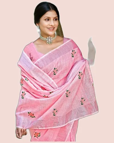 Feeling Linen Cotton Embroidery Work Sarees — image 2