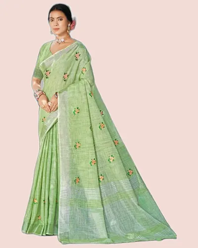 Feeling Linen Cotton Embroidery Work Sarees