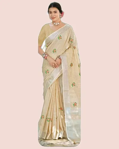 Feeling Linen Cotton Embroidery Work Sarees — image 3