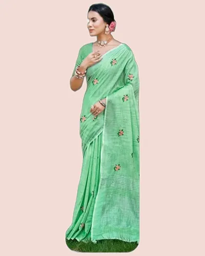 Feeling Linen Cotton Embroidery Work Sarees — image 3