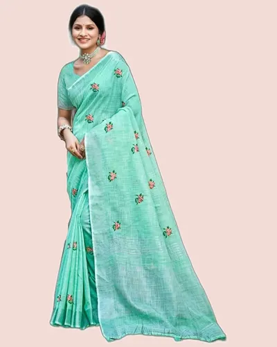 Feeling Linen Cotton Embroidery Work Sarees