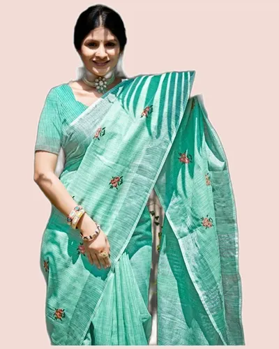 Feeling Linen Cotton Embroidery Work Sarees — image 2