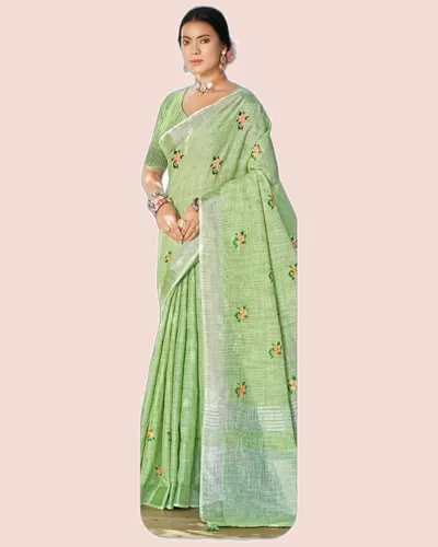Feeling Linen Cotton Embroidery Work Sarees — image 4