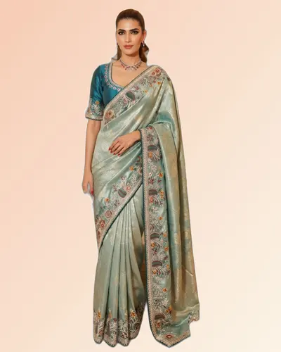 Rajwadi Mor Pure Kajivaram Silk Heavy Embroidery Work Sarees