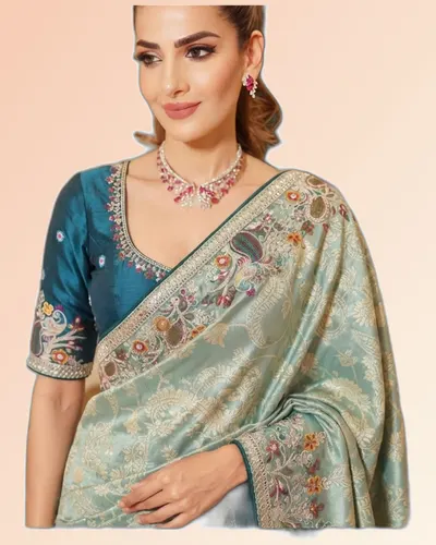 Rajwadi Mor Pure Kajivaram Silk Heavy Embroidery Work Sarees — image 2
