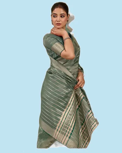 Aura Bloom Stripes Zari Woven Broad Patta Chit Pallu Sarees — image 2
