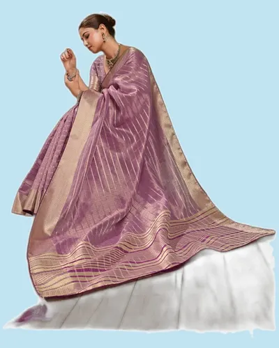 Aura Bloom Stripes Zari Woven Broad Patta Chit Pallu Sarees — image 3