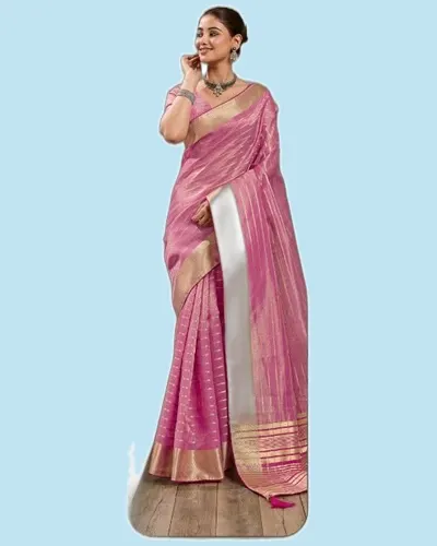 Aura Bloom Stripes Zari Woven Broad Patta Chit Pallu Sarees — image 6