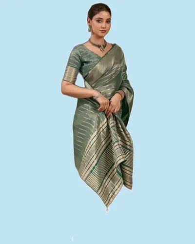 Aura Bloom Stripes Zari Woven Broad Patta Chit Pallu Sarees — image 3