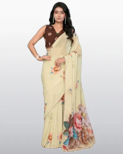 Look Rich  Georgette Silk Flowers Printed Moti Lace Border Sarees
