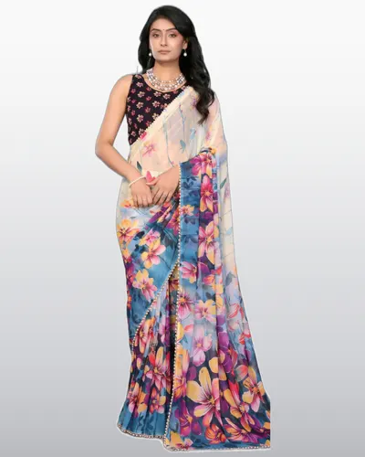 Look Rich  Georgette Silk Flowers Printed Moti Lace Border Sarees